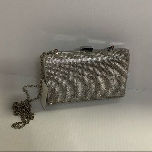 David’s Bridal Silver Jeweled Metallic Clutch with Removable Chain NWT